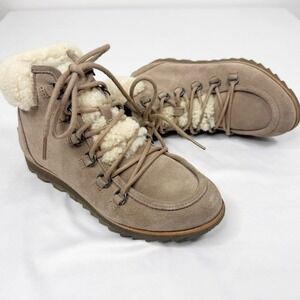 SOREL Harlow Lace Cozy Bootie Ash Brown Suede Shearling Waterproof Winter Size 7